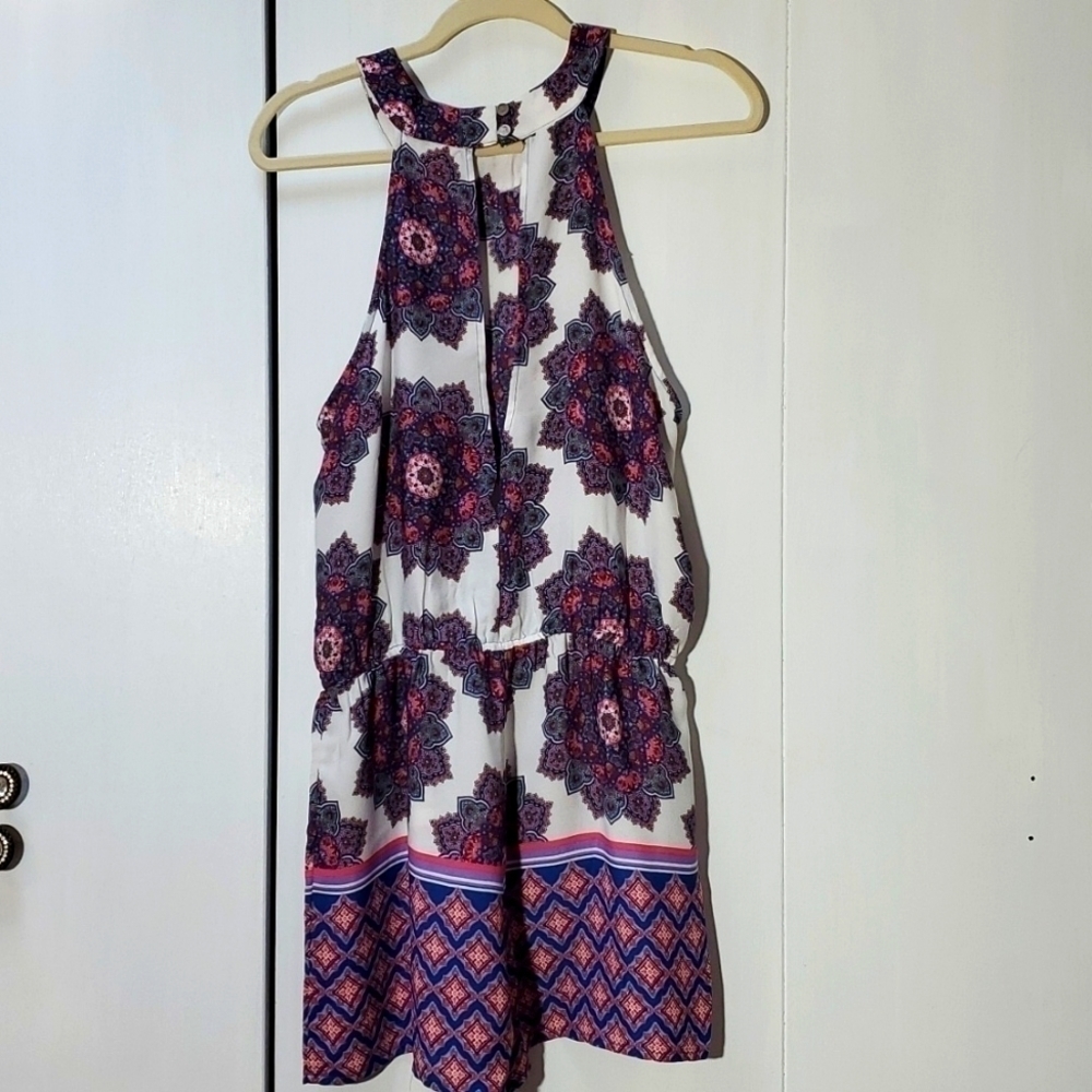 Be you Be Free| Womens White/Purple Floral Print Romper Open Back Boho Sz.XL